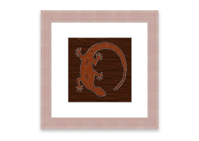 Framed Aboriginal Lizard 2 print showcasing intricate designs and vibrant colors, ready to hang.