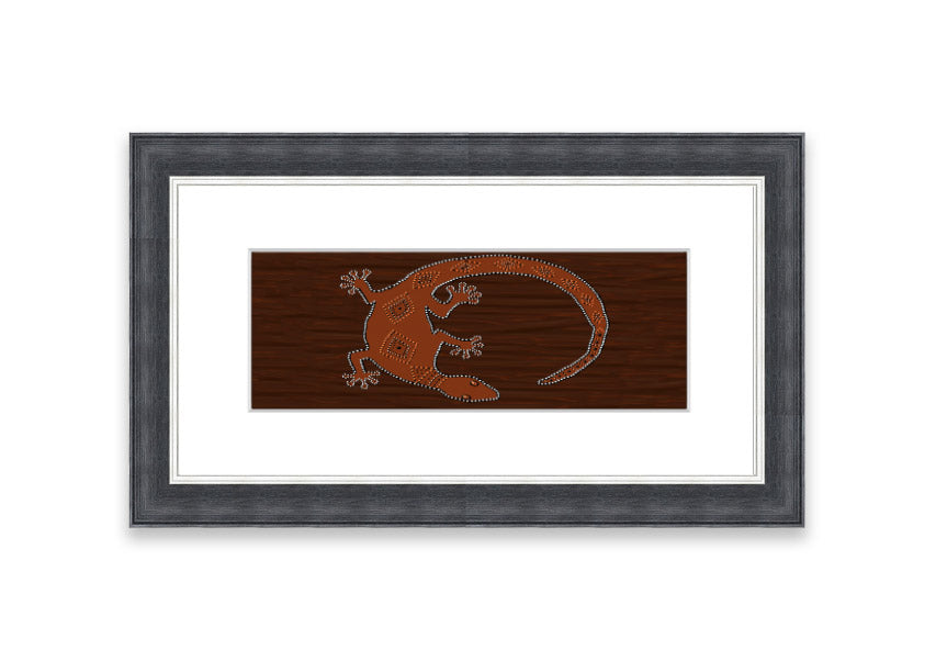 Framed Aboriginal Lizard 2 print showcasing intricate designs and vibrant colors, ready to hang.