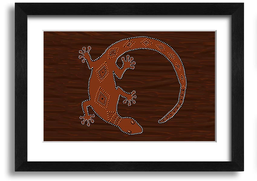 Framed Aboriginal Lizard 2 print showcasing vibrant colors and intricate designs, ready to hang.