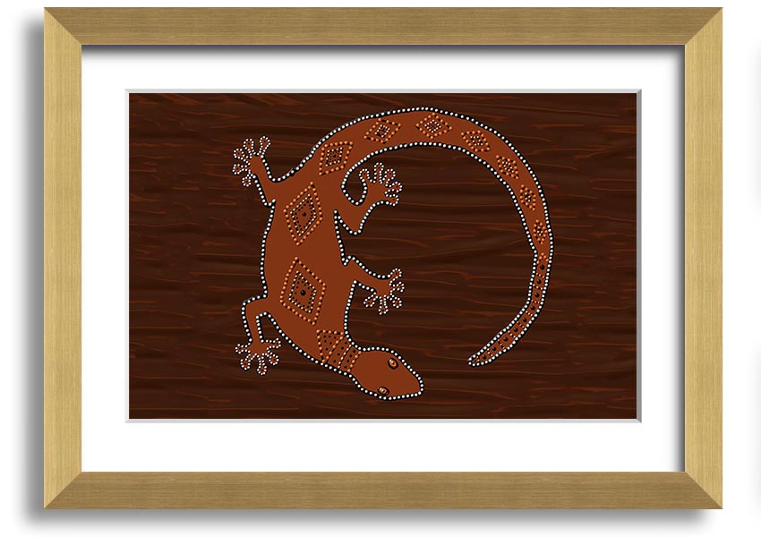 Framed Aboriginal Lizard 2 print showcasing vibrant colors and intricate designs, ready to hang.