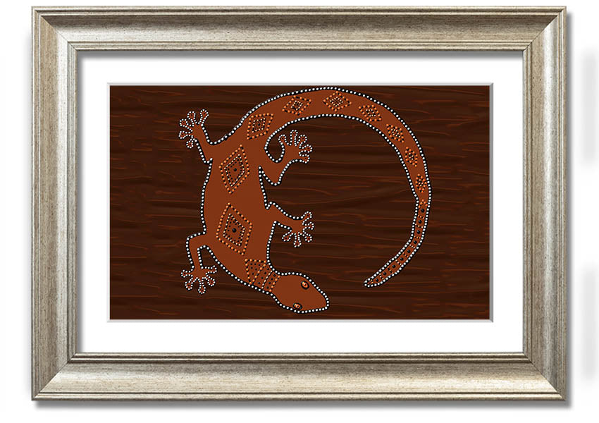 Framed Aboriginal Lizard 2 print showcasing vibrant colors and intricate designs, ready to hang.