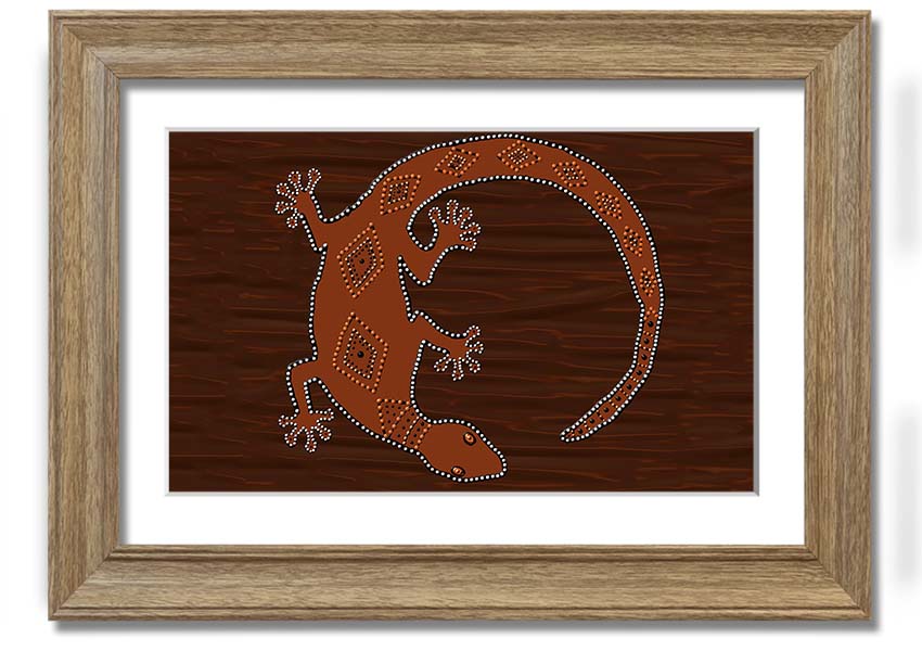 Framed Aboriginal Lizard 2 print showcasing vibrant colors and intricate designs, ready to hang.