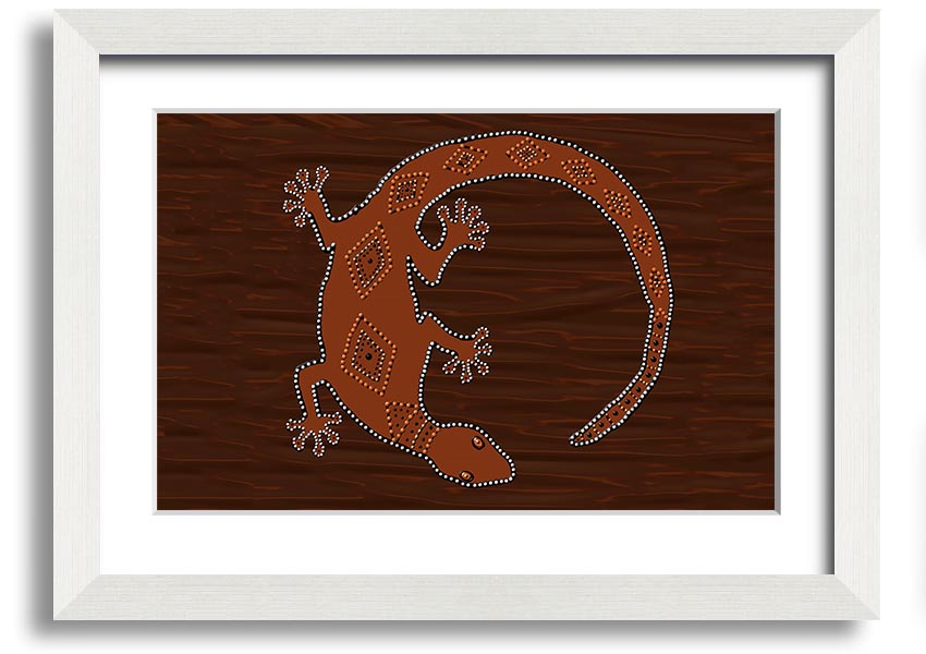 Framed Aboriginal Lizard 2 print showcasing vibrant colors and intricate designs, ready to hang.