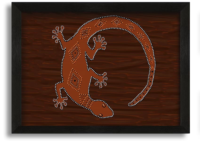 Framed Aboriginal Lizard 2 print showcasing vibrant colors and intricate designs, ready to hang.