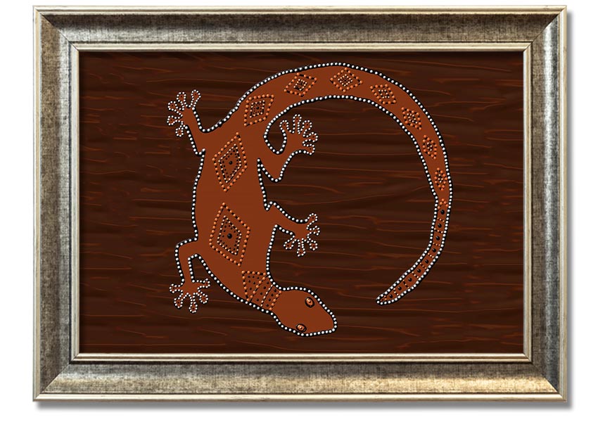 Framed Aboriginal Lizard 2 print showcasing vibrant colors and intricate designs, ready to hang.