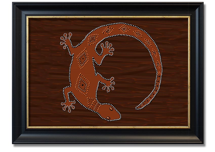 Framed Aboriginal Lizard 2 print showcasing vibrant colors and intricate designs, ready to hang.