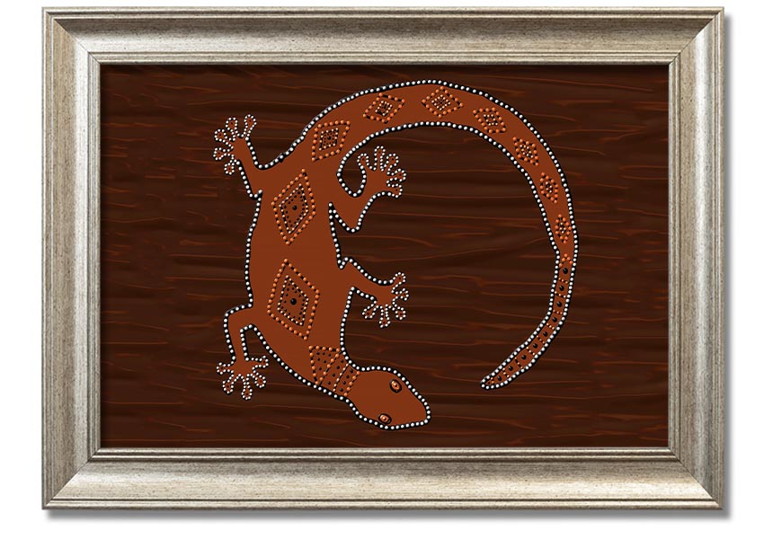 Framed Aboriginal Lizard 2 print showcasing vibrant colors and intricate designs, ready to hang.