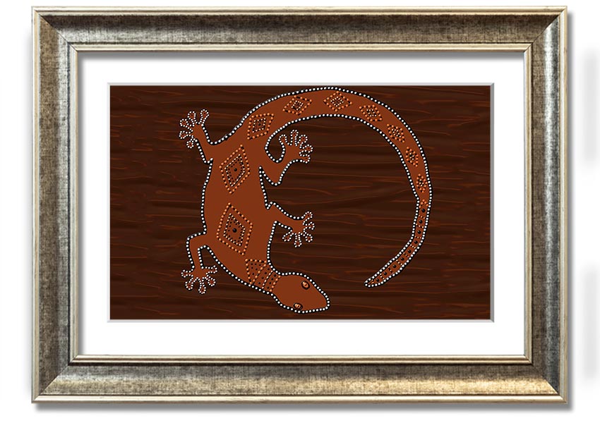 Framed Aboriginal Lizard 2 print showcasing vibrant colors and intricate designs, ready to hang.