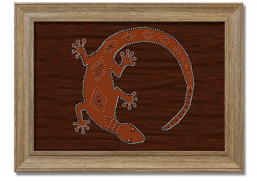 Framed Aboriginal Lizard 2 print showcasing vibrant colors and intricate designs, ready to hang.