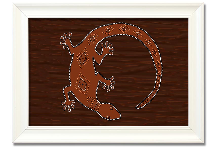 Framed Aboriginal Lizard 2 print showcasing vibrant colors and intricate designs, ready to hang.