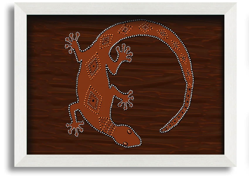 Framed Aboriginal Lizard 2 print showcasing vibrant colors and intricate designs, ready to hang.