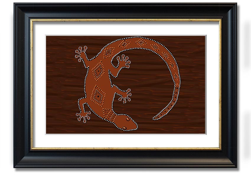 Framed Aboriginal Lizard 2 print showcasing vibrant colors and intricate designs, ready to hang.