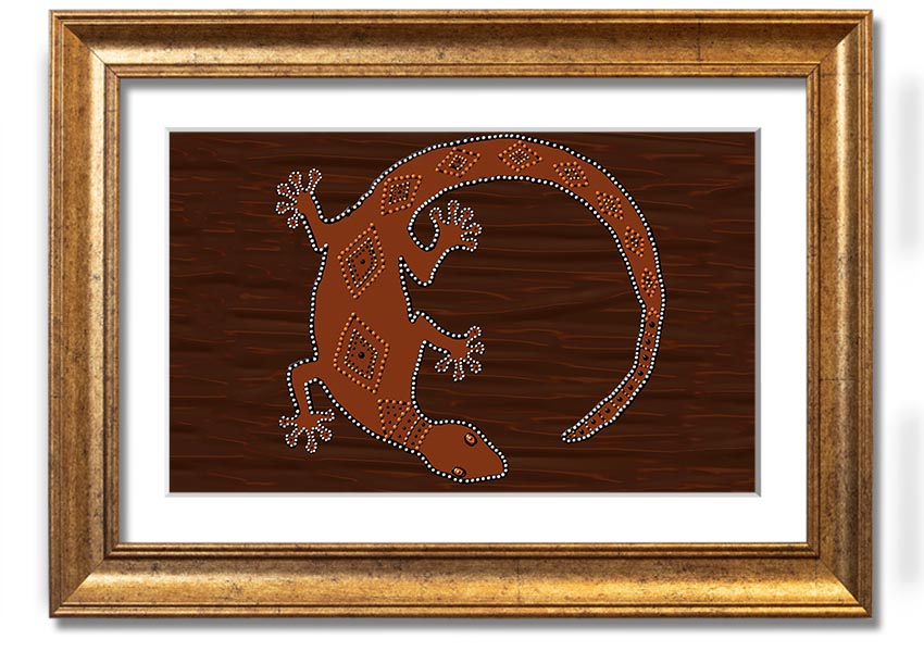 Framed Aboriginal Lizard 2 print showcasing vibrant colors and intricate designs, ready to hang.