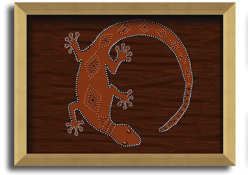 Framed Aboriginal Lizard 2 print showcasing vibrant colors and intricate designs, ready to hang.