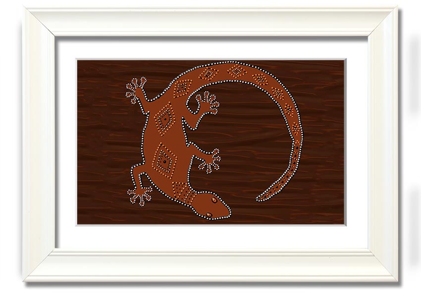 Framed Aboriginal Lizard 2 print showcasing vibrant colors and intricate designs, ready to hang.