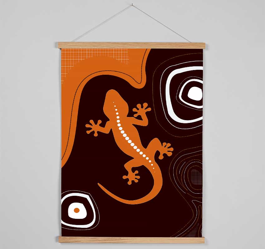 Aboriginal Lizard 3 wooden poster hanger showcasing a print with magnetic fastening and color-coordinated cords.