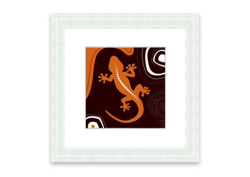 Framed Aboriginal Lizard 3 print showcasing intricate designs and vibrant colors, ready to hang.