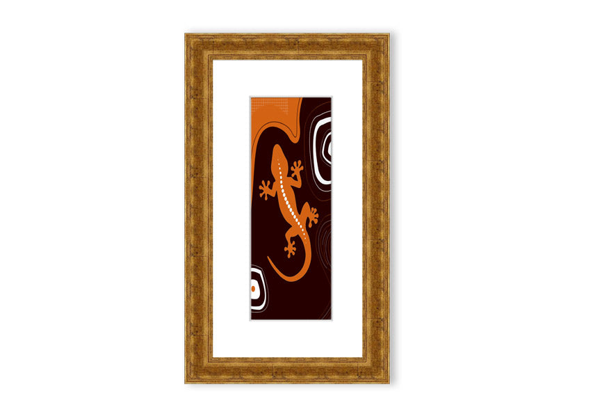 Framed Aboriginal Lizard 3 print showcasing intricate designs and vibrant colors, ready to hang.