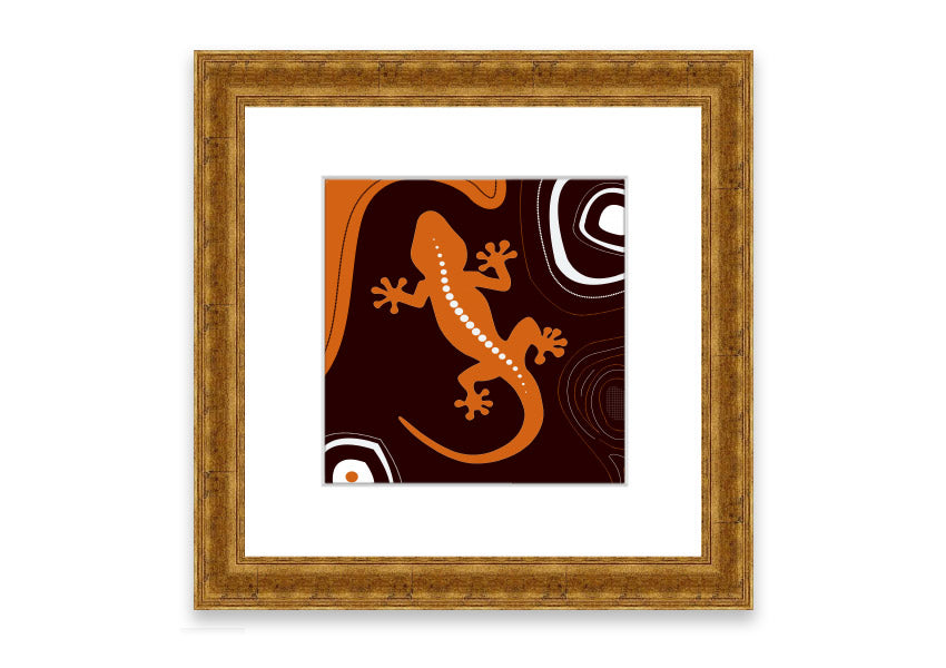 Framed Aboriginal Lizard 3 print showcasing intricate designs and vibrant colors, ready to hang.