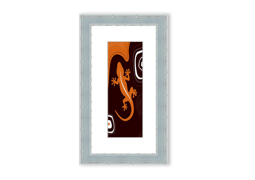 Framed Aboriginal Lizard 3 print showcasing intricate designs and vibrant colors, ready to hang.