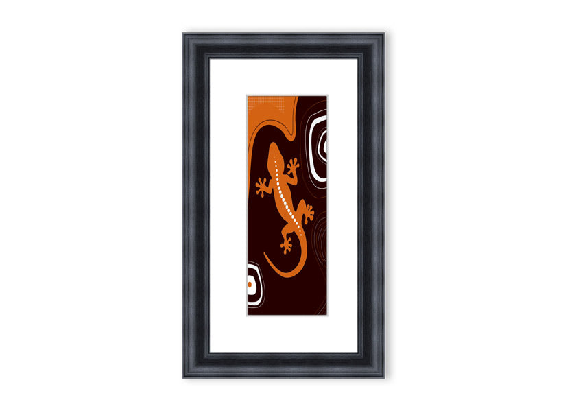 Framed Aboriginal Lizard 3 print showcasing intricate designs and vibrant colors, ready to hang.