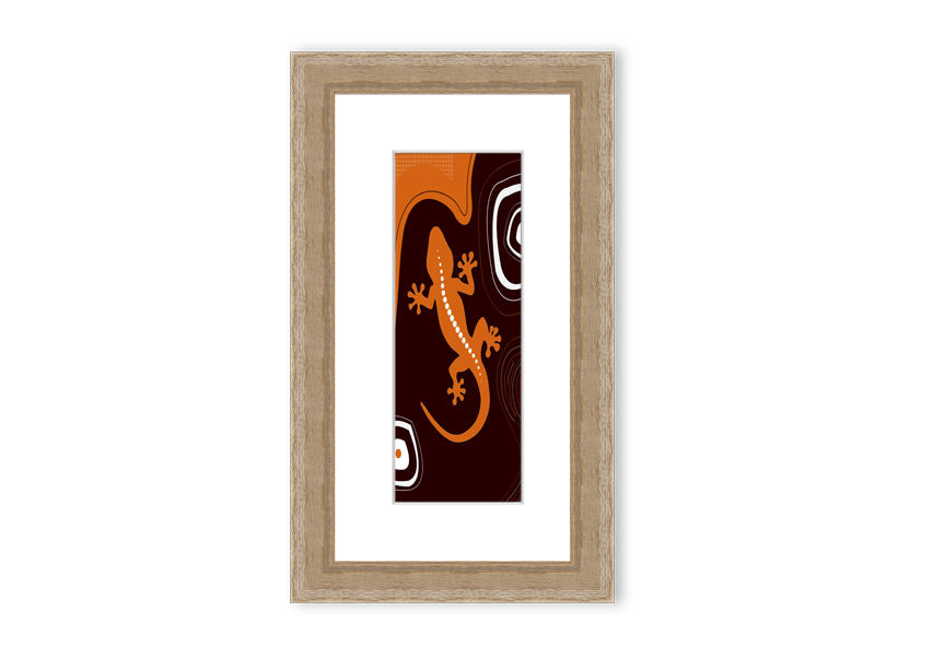 Framed Aboriginal Lizard 3 print showcasing intricate designs and vibrant colors, ready to hang.