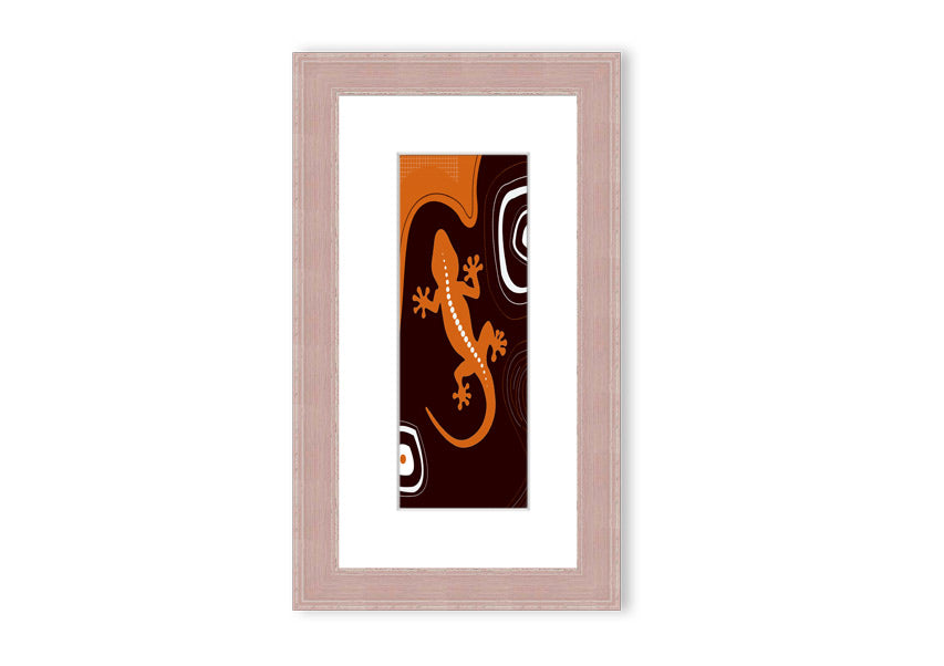 Framed Aboriginal Lizard 3 print showcasing intricate designs and vibrant colors, ready to hang.