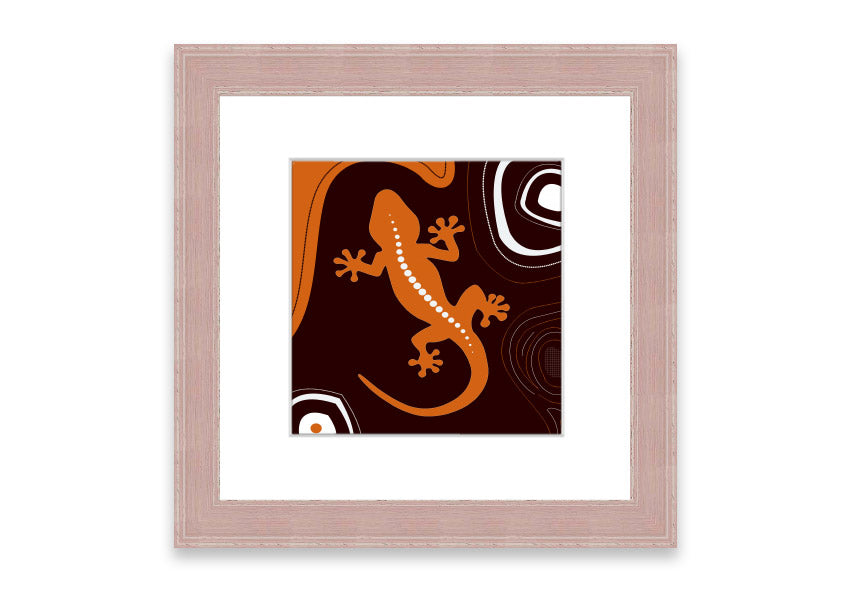 Framed Aboriginal Lizard 3 print showcasing intricate designs and vibrant colors, ready to hang.