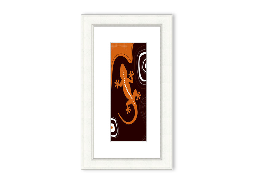 Framed Aboriginal Lizard 3 print showcasing intricate designs and vibrant colors, ready to hang.