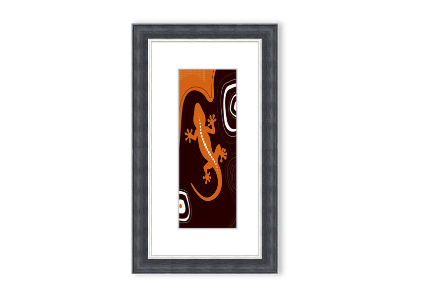 Framed Aboriginal Lizard 3 print showcasing intricate designs and vibrant colors, ready to hang.