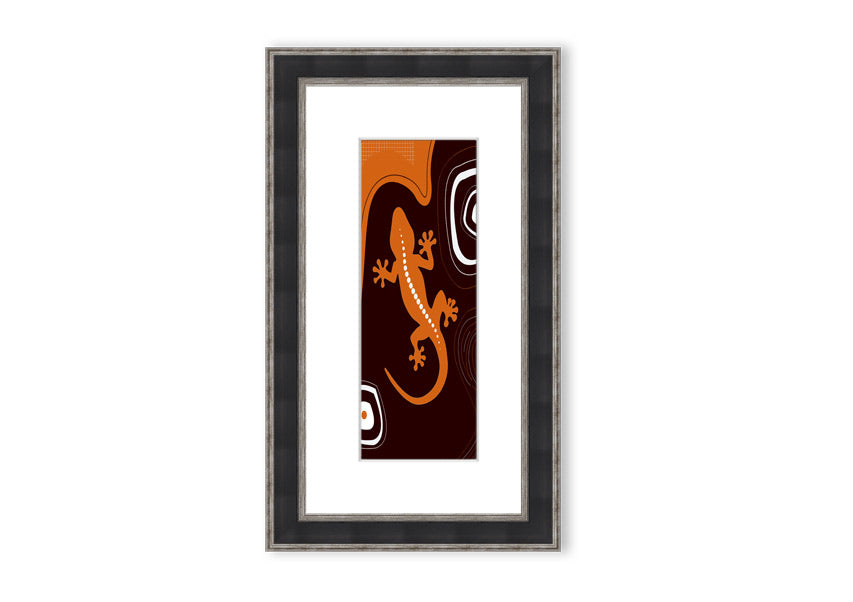 Framed Aboriginal Lizard 3 print showcasing intricate designs and vibrant colors, ready to hang.