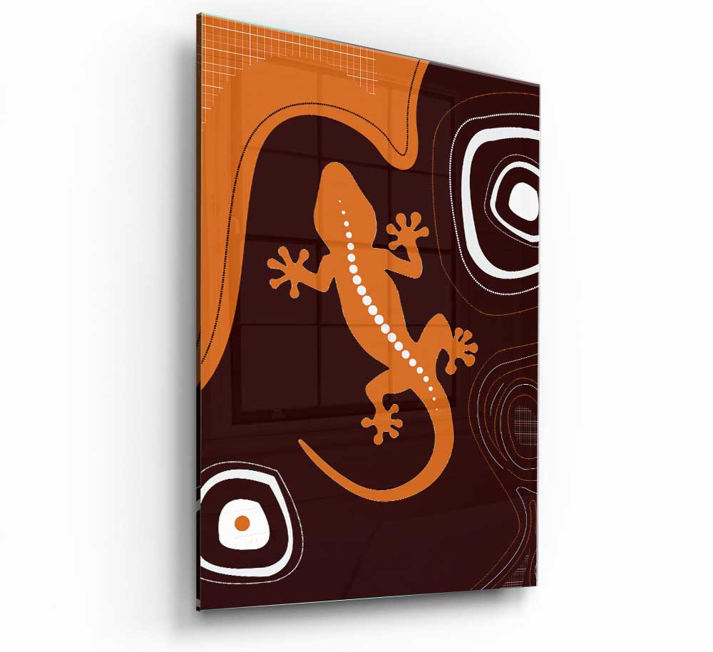 Aboriginal Lizard 3 glass print featuring a vibrant lizard design, perfect for modern home decor.