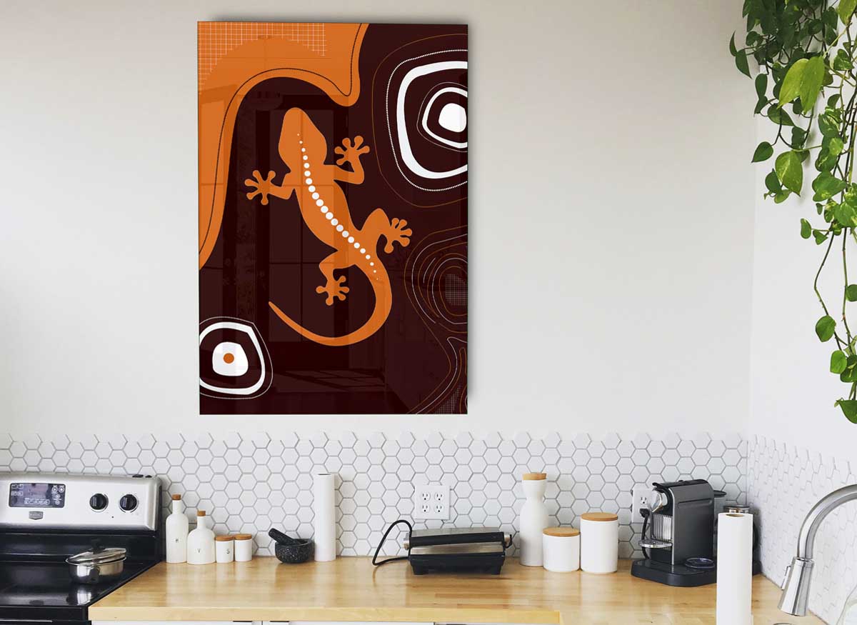 Aboriginal Lizard 3 glass print featuring a vibrant lizard design, perfect for modern home decor.