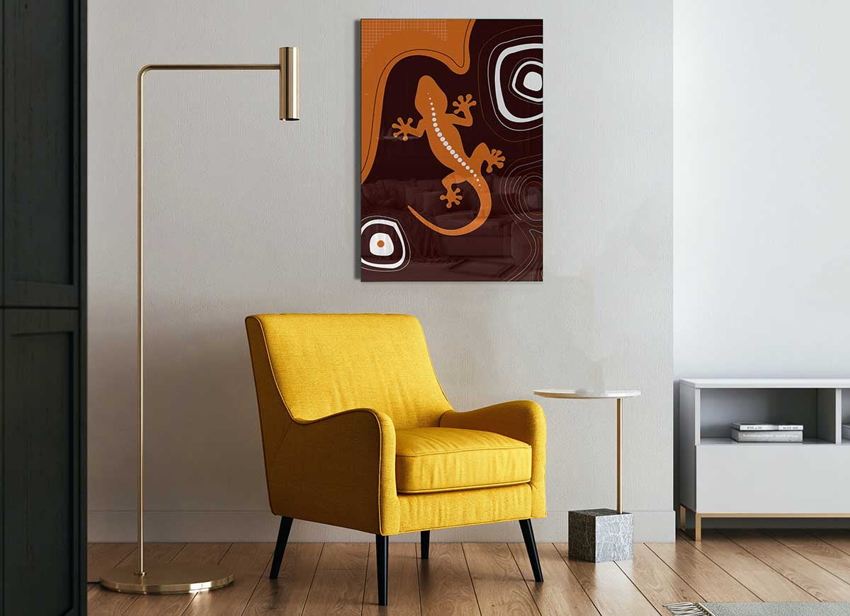 Aboriginal Lizard 3 glass print featuring a vibrant lizard design, perfect for modern home decor.