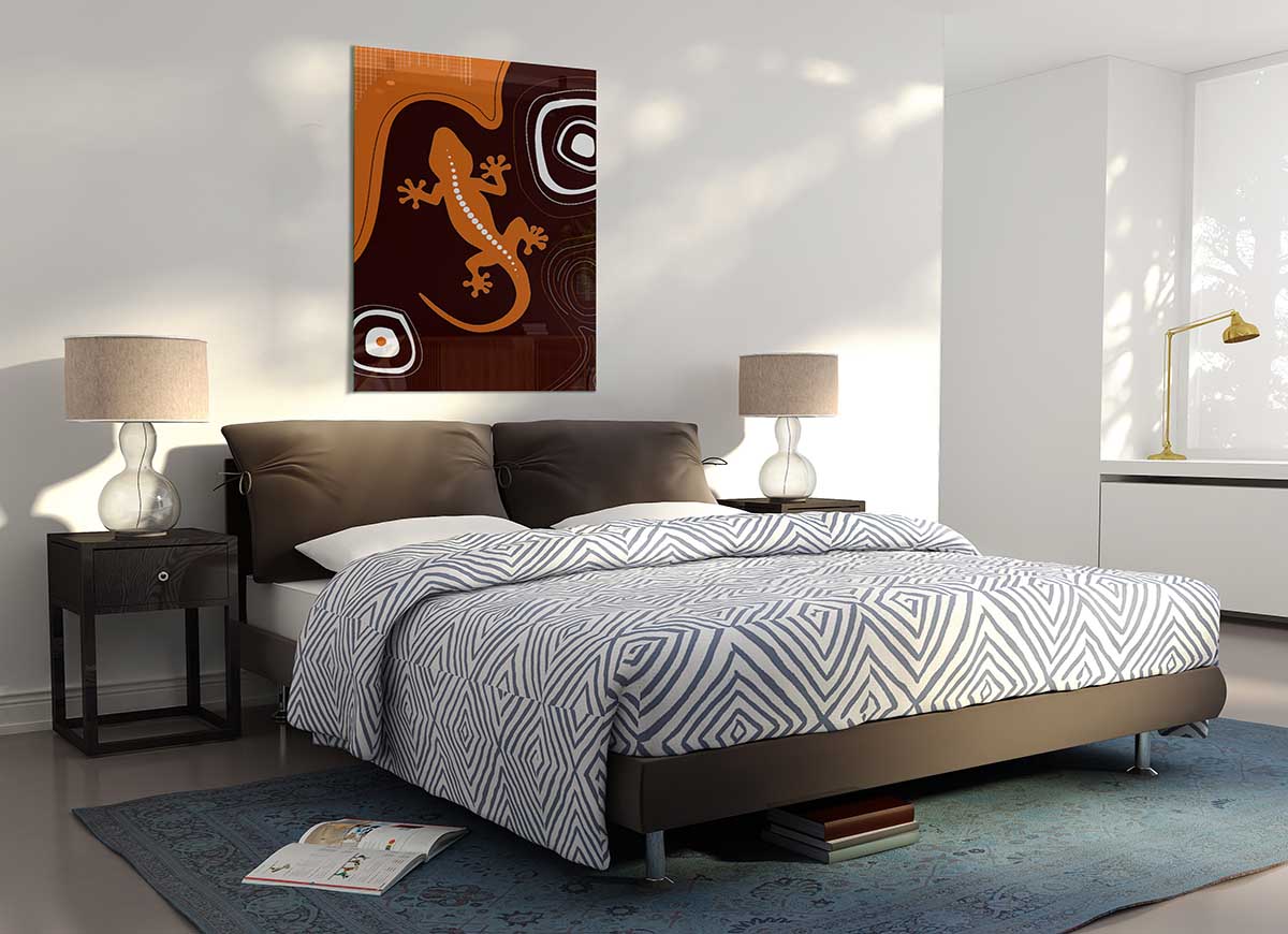 Aboriginal Lizard 3 glass print featuring a vibrant lizard design, perfect for modern home decor.