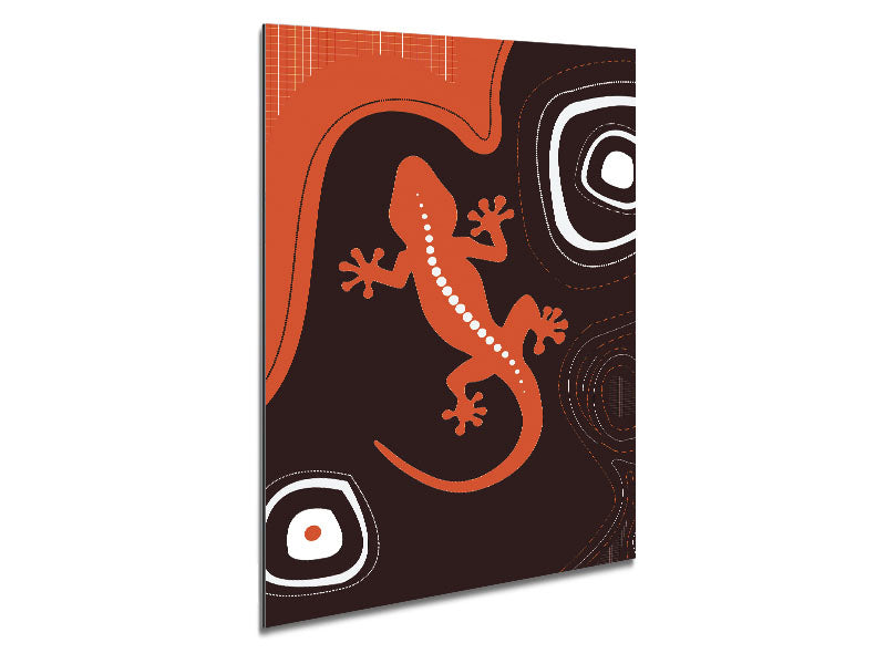 Aboriginal Lizard 3 artwork printed on brushed aluminium dibond, showcasing vibrant colors and intricate details.