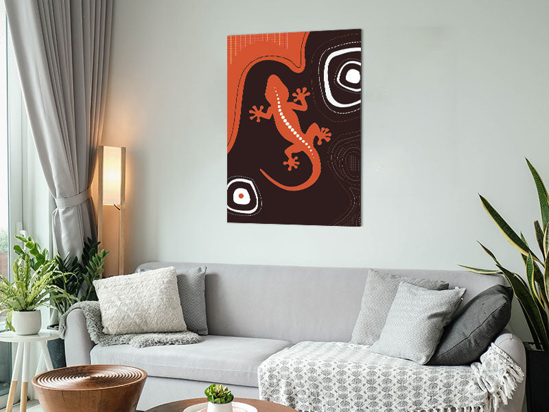 Aboriginal Lizard 3 artwork printed on brushed aluminium dibond, showcasing vibrant colors and intricate details.