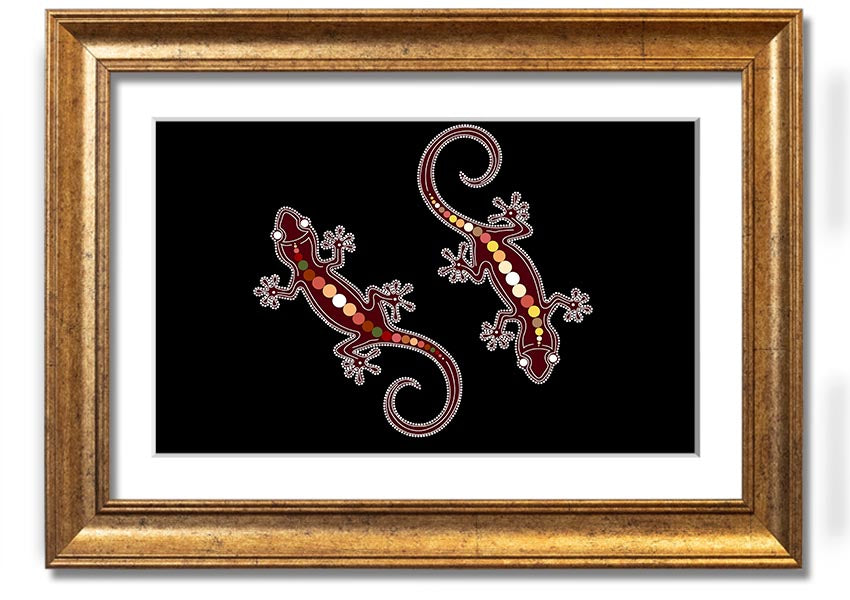 Framed Aboriginal Lizard 4 print showcasing intricate designs and vibrant colors, ready to hang.