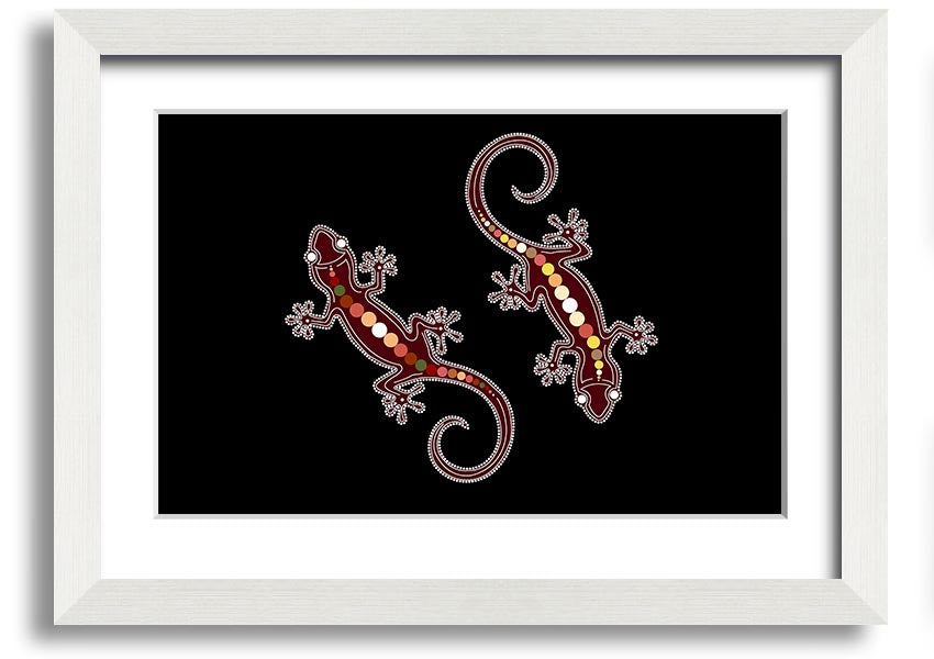 Framed Aboriginal Lizard 4 print showcasing intricate designs and vibrant colors, ready to hang.