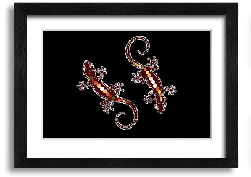 Framed Aboriginal Lizard 4 print showcasing intricate designs and vibrant colors, ready to hang.