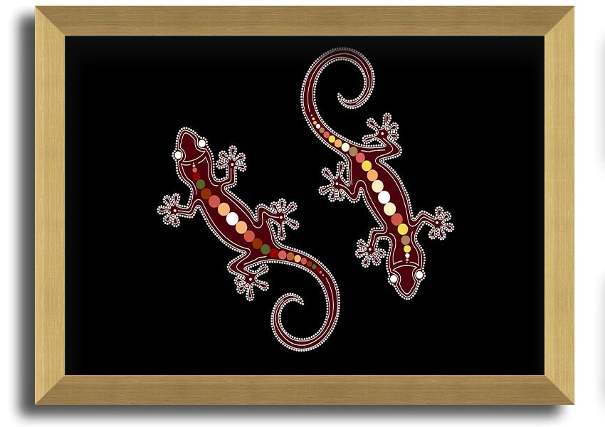 Framed Aboriginal Lizard 4 print showcasing intricate designs and vibrant colors, ready to hang.