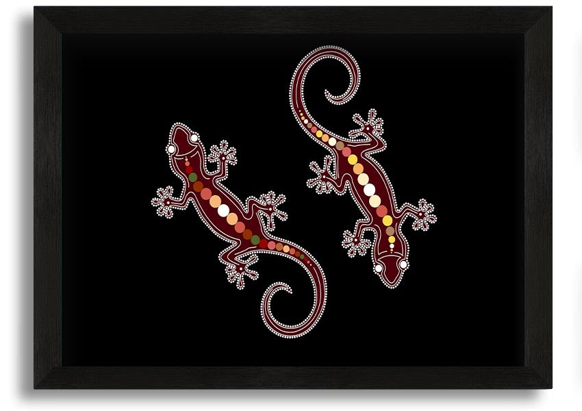 Framed Aboriginal Lizard 4 print showcasing intricate designs and vibrant colors, ready to hang.