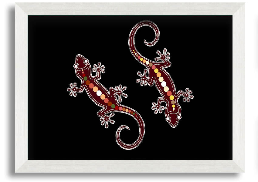 Framed Aboriginal Lizard 4 print showcasing intricate designs and vibrant colors, ready to hang.