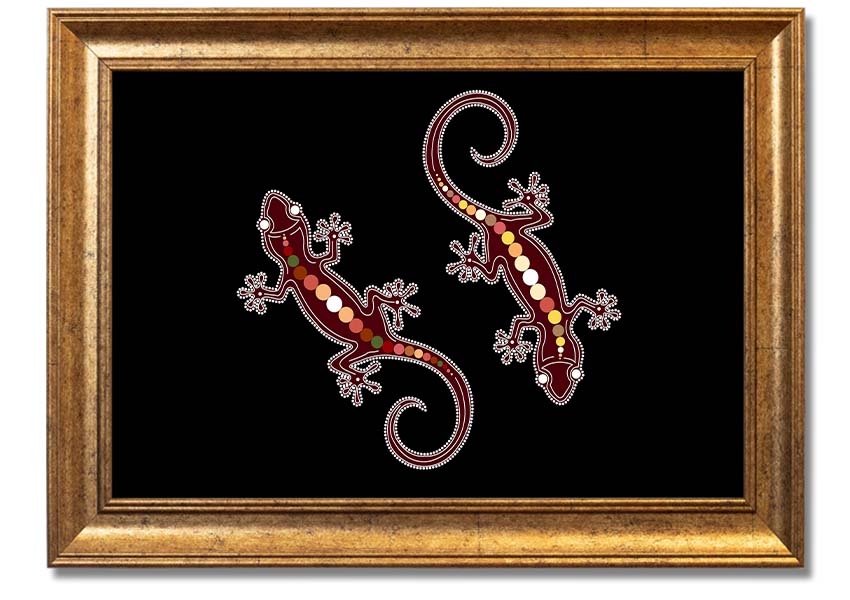 Framed Aboriginal Lizard 4 print showcasing intricate designs and vibrant colors, ready to hang.