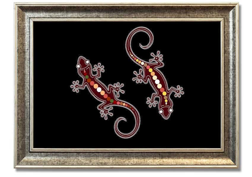 Framed Aboriginal Lizard 4 print showcasing intricate designs and vibrant colors, ready to hang.