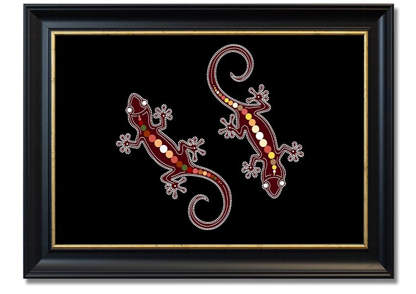 Framed Aboriginal Lizard 4 print showcasing intricate designs and vibrant colors, ready to hang.