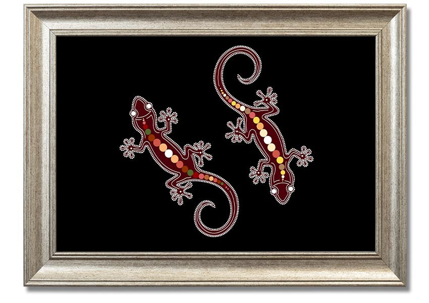 Framed Aboriginal Lizard 4 print showcasing intricate designs and vibrant colors, ready to hang.