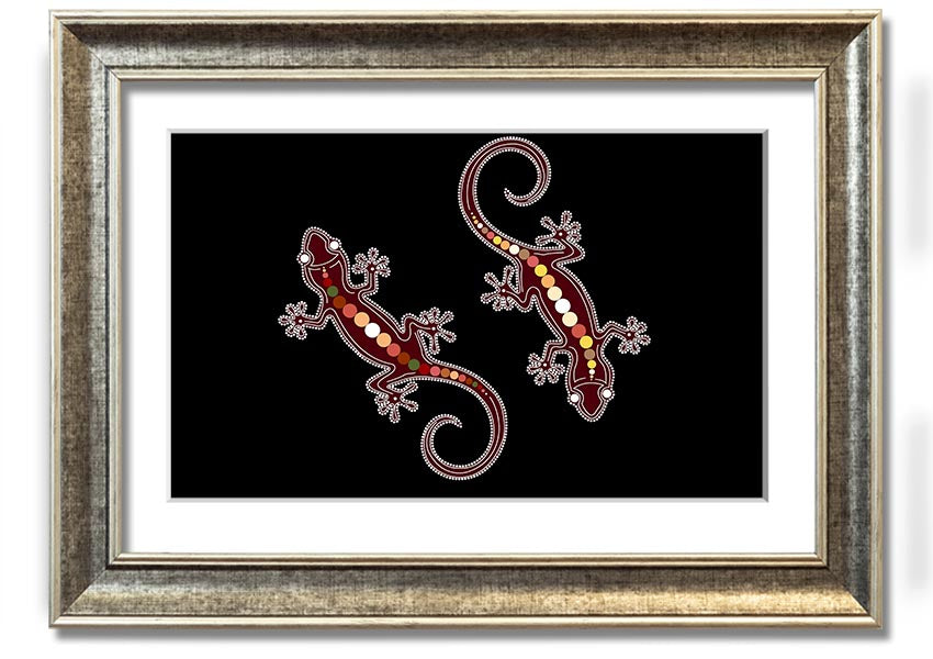 Framed Aboriginal Lizard 4 print showcasing intricate designs and vibrant colors, ready to hang.