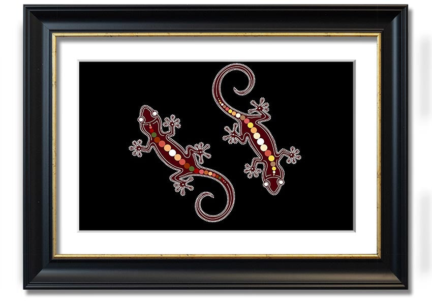 Framed Aboriginal Lizard 4 print showcasing intricate designs and vibrant colors, ready to hang.