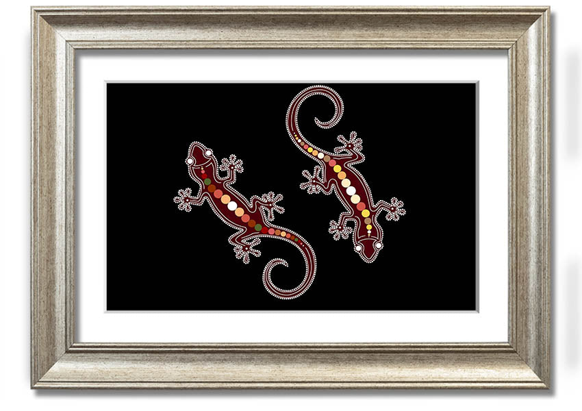 Framed Aboriginal Lizard 4 print showcasing intricate designs and vibrant colors, ready to hang.